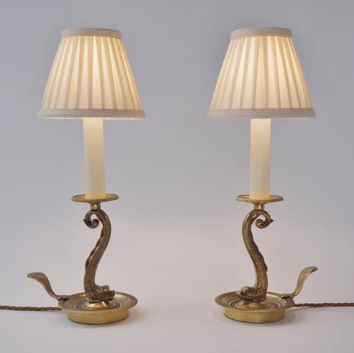 Pair antique bronze dolphins candlestick table lamps, Maison Charles, 1920`s ca, French
